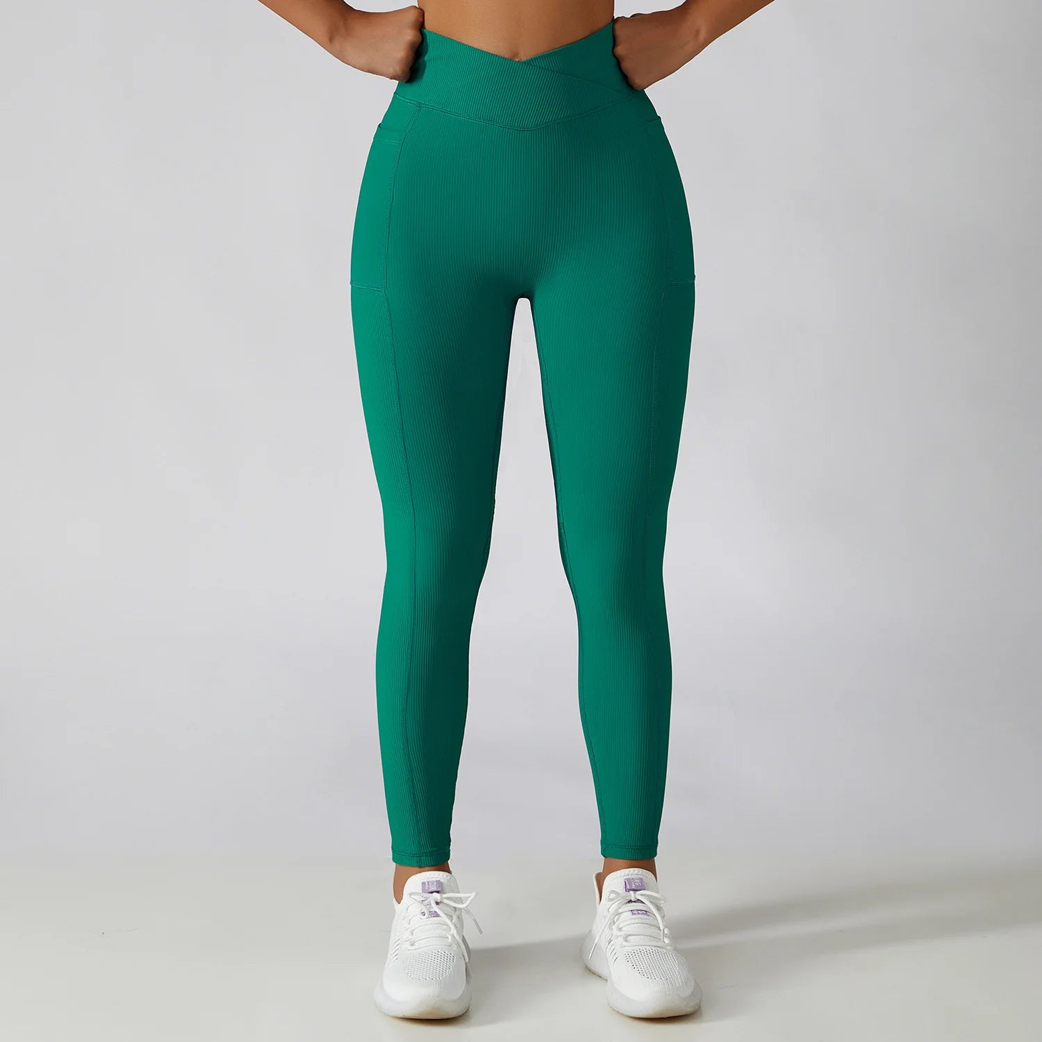 Solid Color Ribbed Yoga Pants Women Pockets Crossover High Waist Fitness Leggings Sexy Butt Lift Workout Running Tights-Unboundless