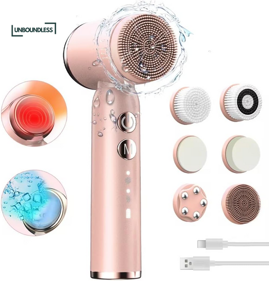 Electric Facial Cleansing Brush,8-In-1 Face Cleansing Brush with Hot & Cold Compress, 6 Brush Heads, 3 Spin Speeds, Waterproof Face Scrubber for Exfoliating, Deep Cleansing,Massaging (Pink)